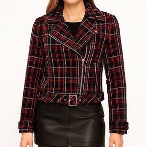 Vero Moda Plaid Moto Y2K Inspired Jacket Wool Blend Belted Grunge Size Small